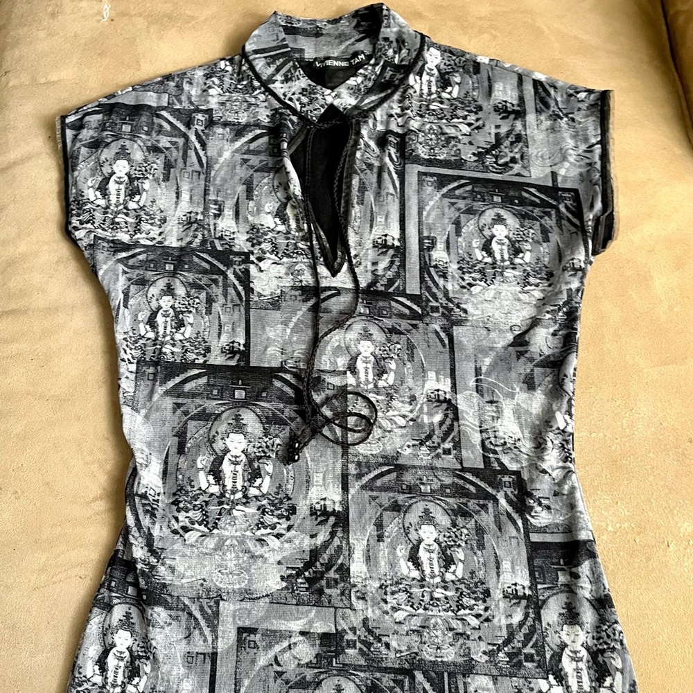 Vivienne Tam Vintage Mesh Black and White Buddha Print top